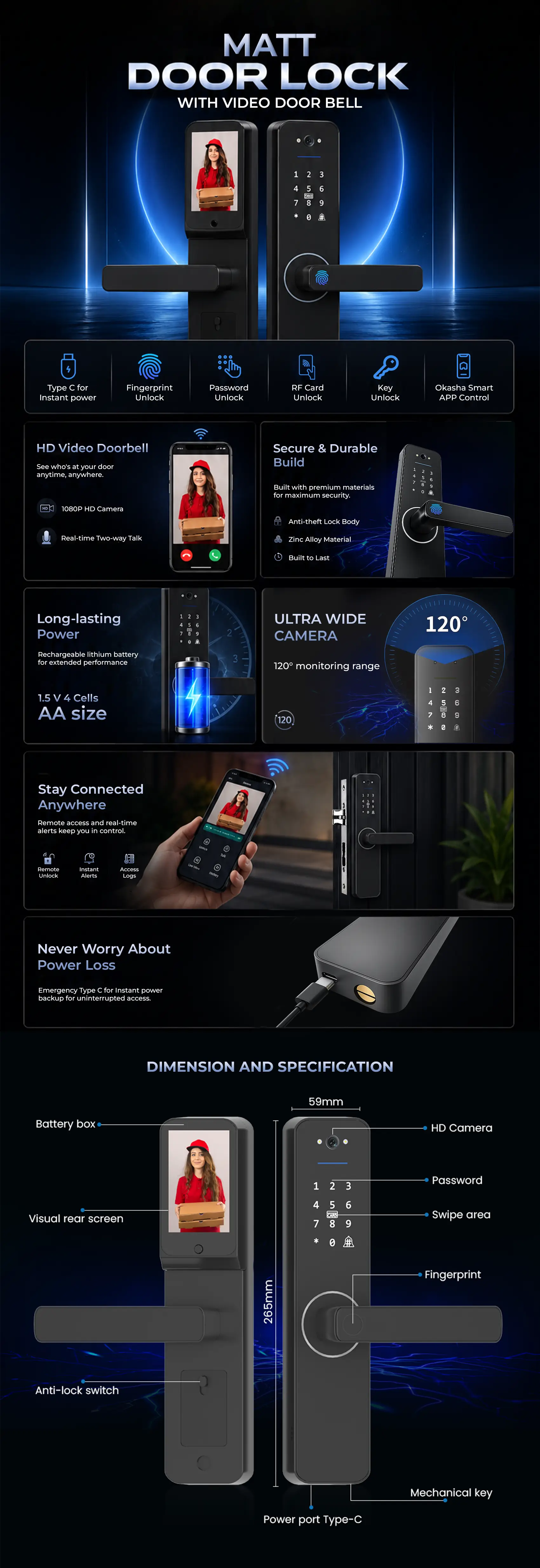Matt Door Lock with Video Door Bell